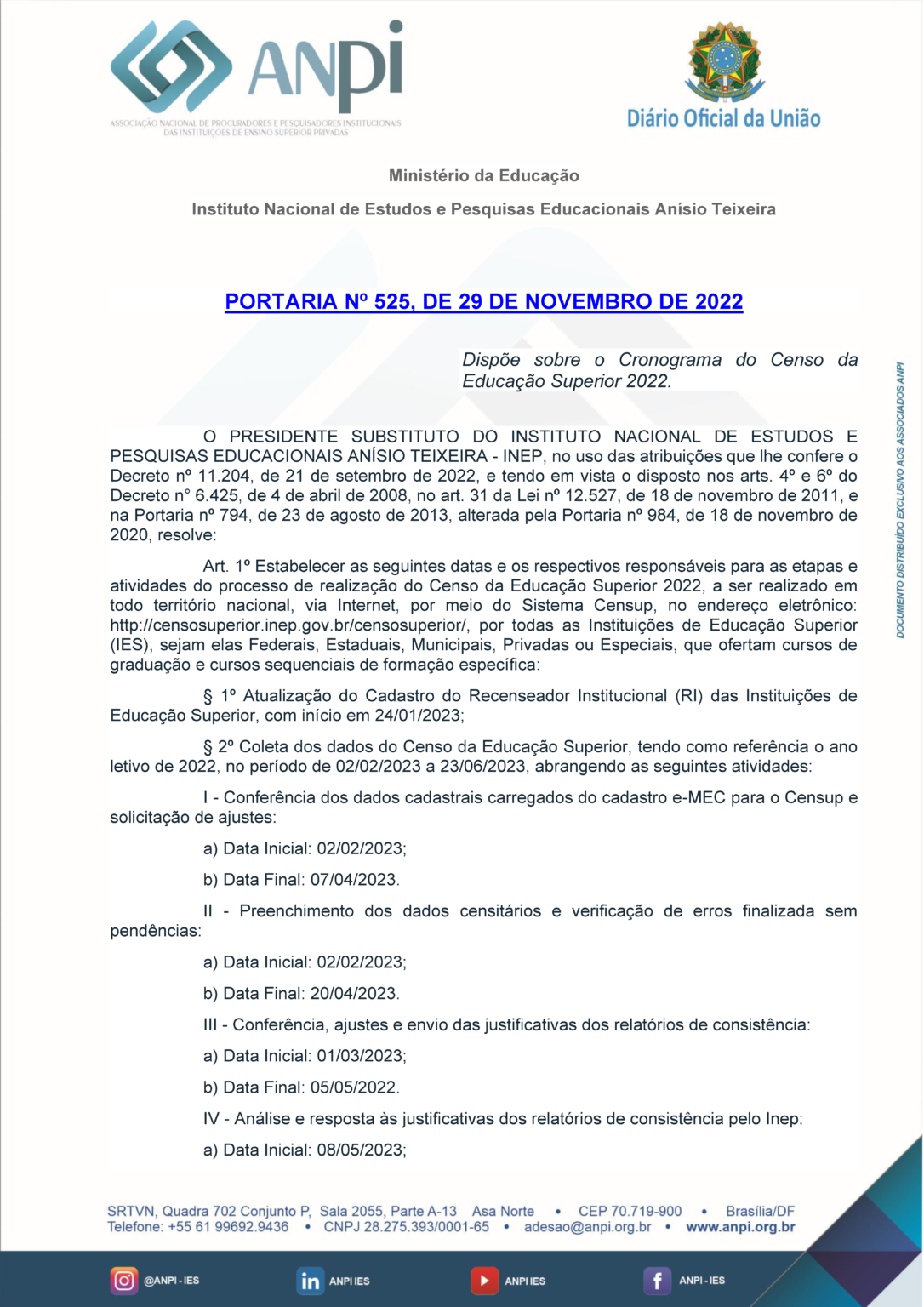 ANPI-IES - Portaria nº 525_2022 INEP CENSO 2023 Cronograma_Página_1